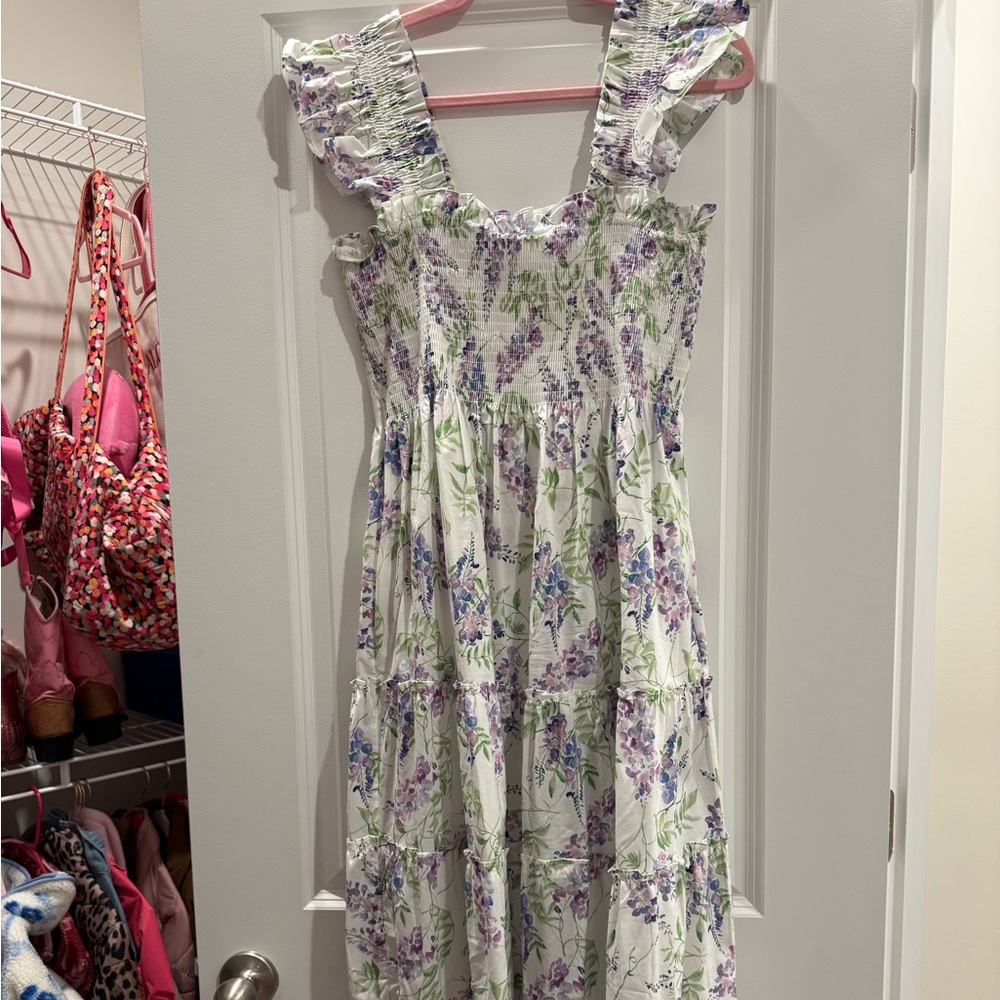 Hill House The Nap Dress in White with Lavender and Green Print